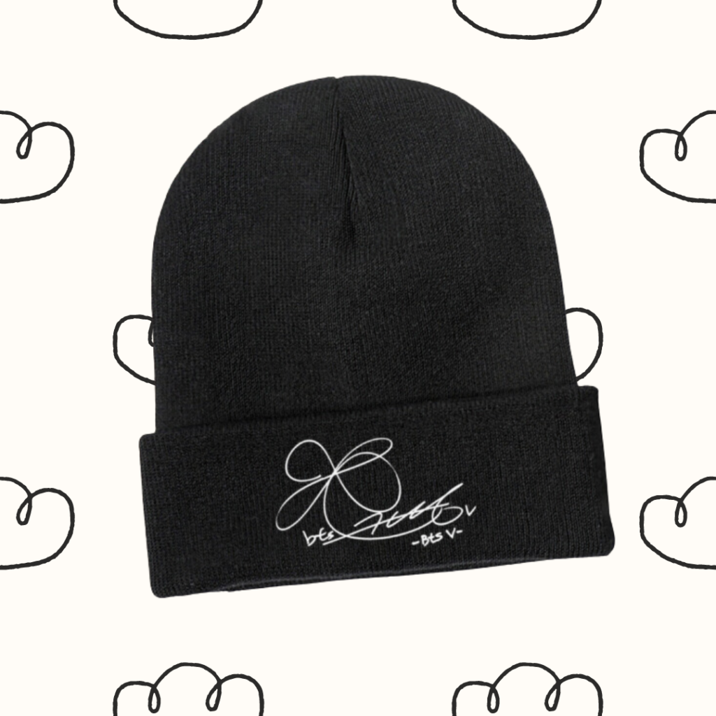 Beanie : 'V's Signature 'Autograph' | Polyester Knitted Beanie Kpop Hat, 'V's Signature 'Autograph'' | Kpop Merch